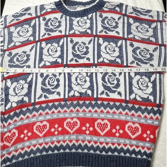 Vintage HOT CASHEWS Sweater L ARGE Roses Hearts Pattern Nordic 80s 90s - Picture 1 of 3